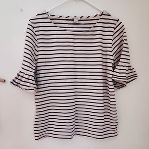 J. Crew Navy Blue and Cream Striped Ruffle Sleeve Top